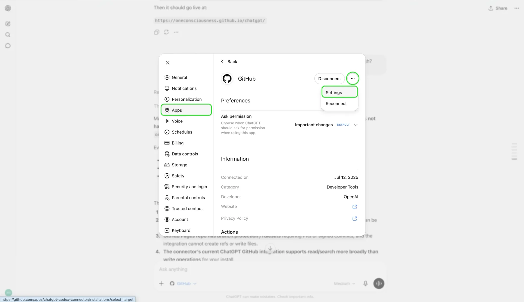 ChatGPT Settings → Apps with the GitHub app open — the ⋯ menu showing Settings and Reconnect, and where to grant access to your repository