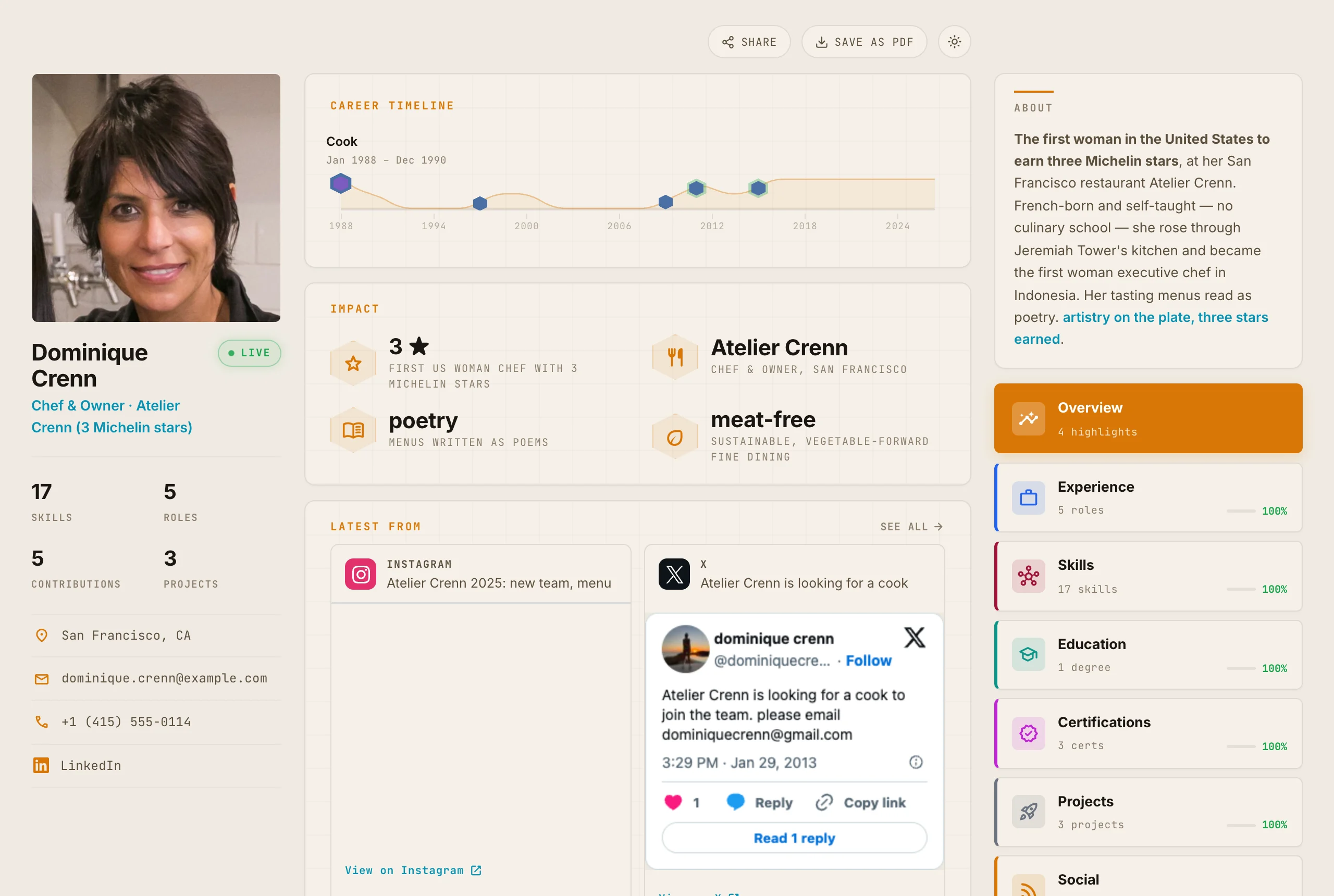 A finished Hope portfolio for a chef — proof it works far beyond tech roles