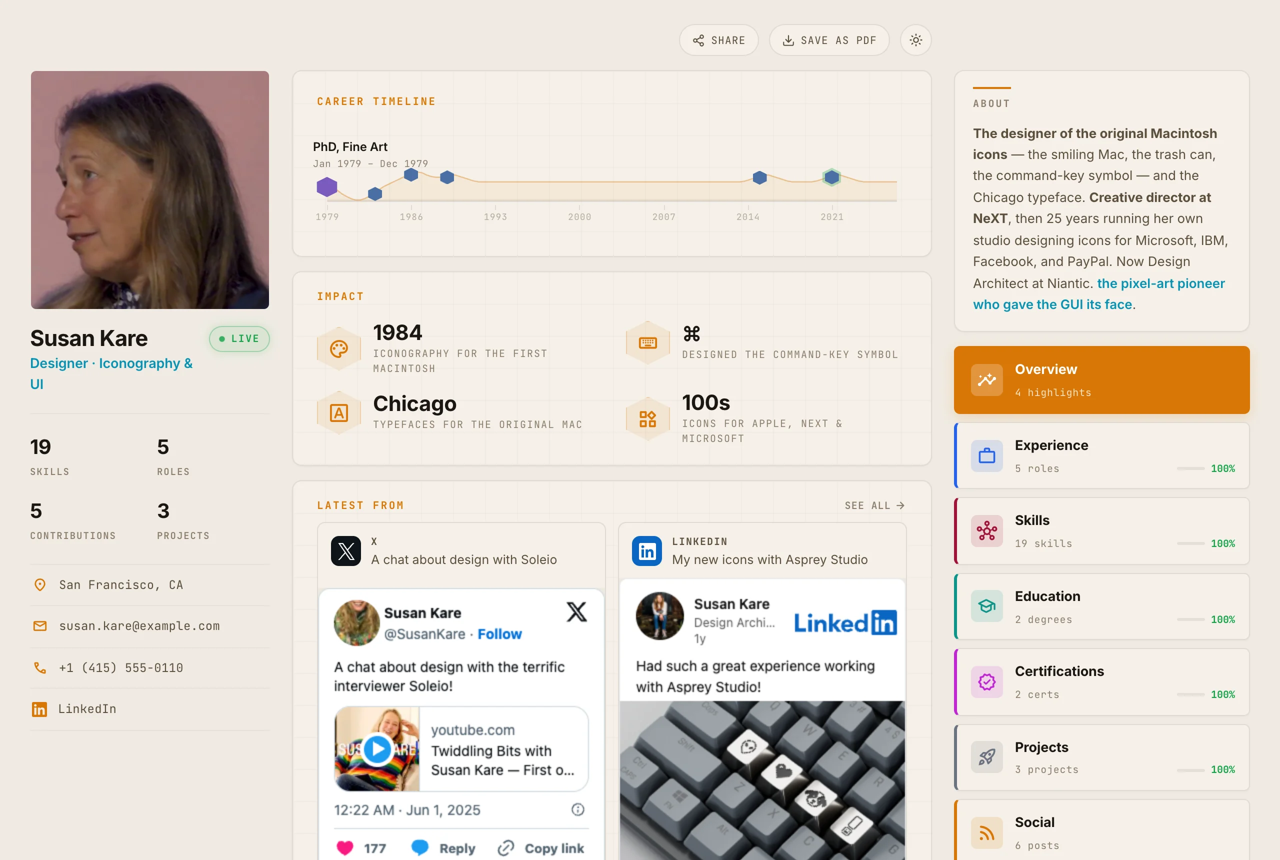 A finished Hope portfolio for a product designer, with project work and a career timeline