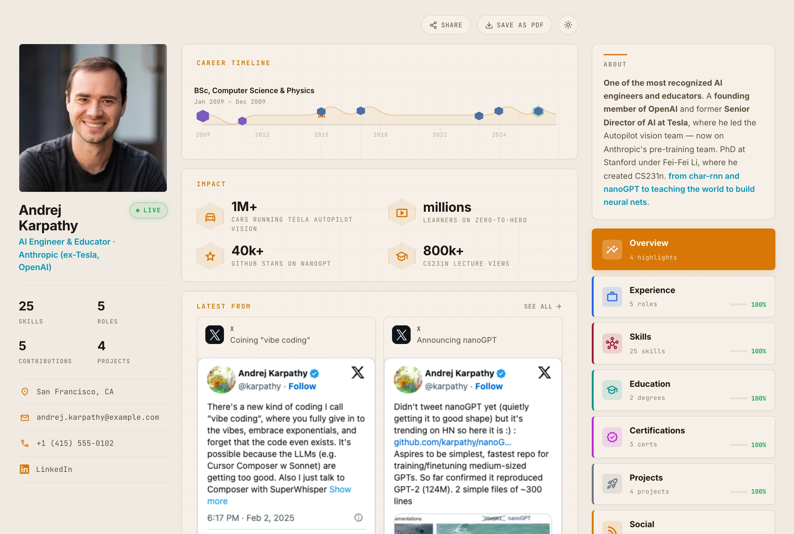 A finished Hope portfolio for an AI engineer — a career timeline, impact stats, and live posts