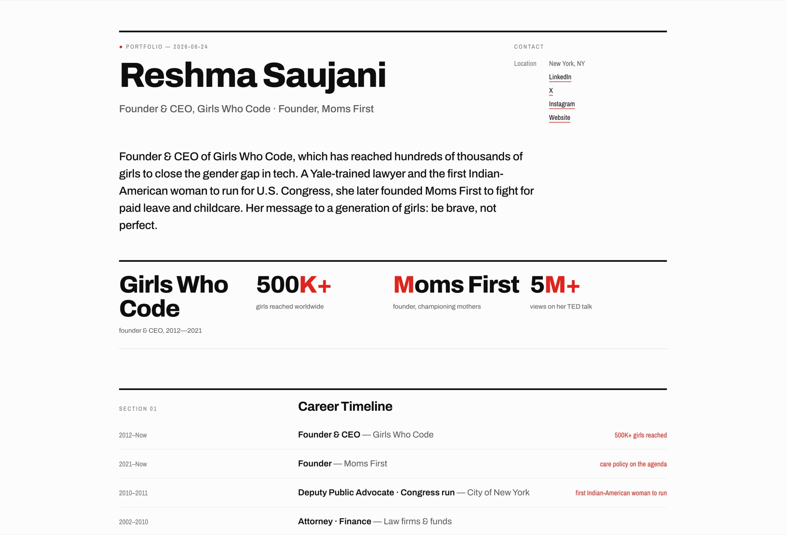 The Swiss Minimal design, previewed as Reshma Saujani