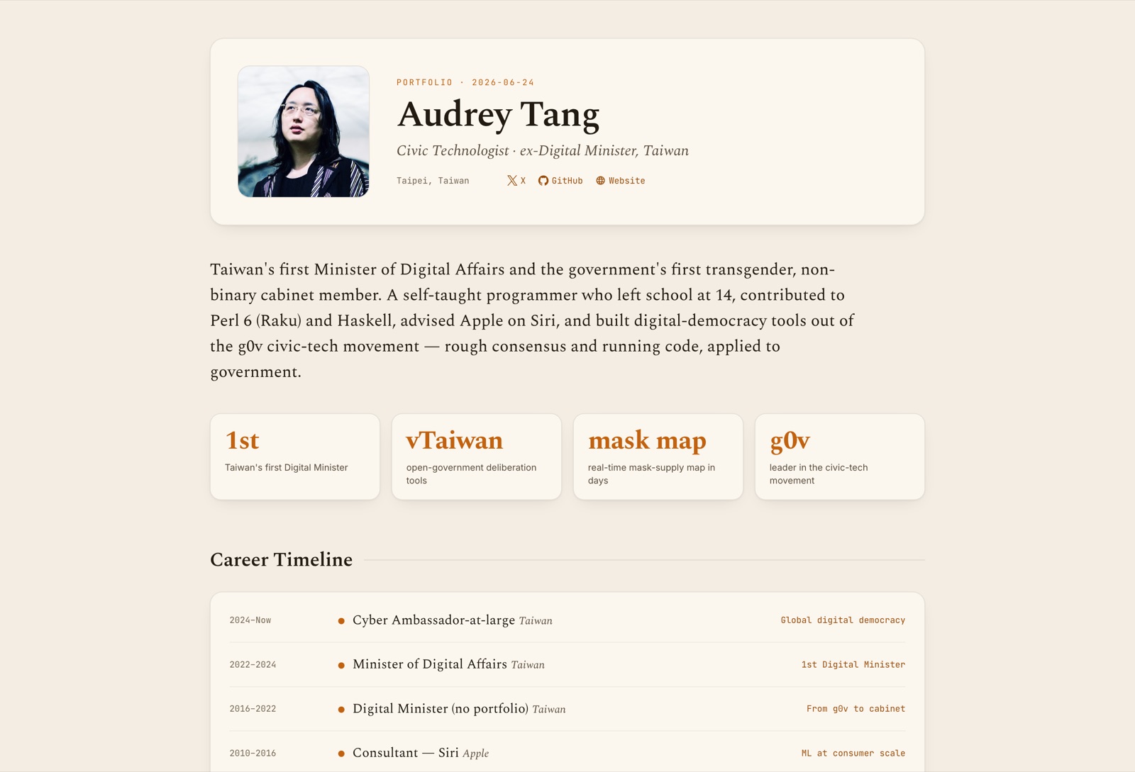 The Warm Refined design, previewed as Audrey Tang